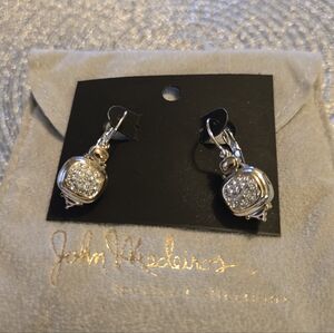 John Medeiros Handcrafted Earrings Silver Gold Two Tone Pave Crystal Box Pouch